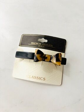 NWT French Atelier Paris Tortoiseshell Bow Hair Barrette, Black, Made in France